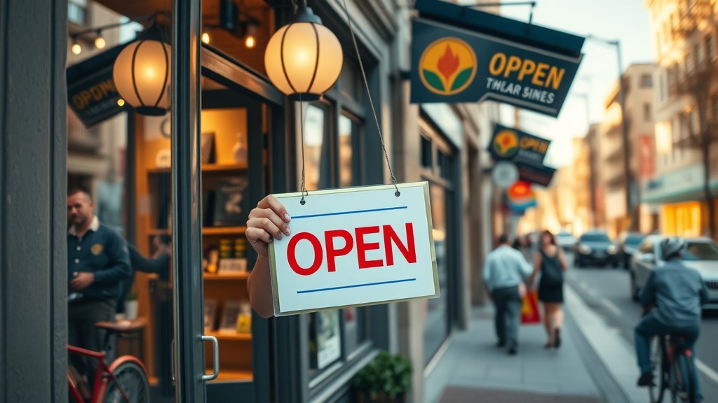 Vibrant small business storefront showcasing local SEO and ads success, welcoming owner, bustling foot traffic, and neighboring businesses