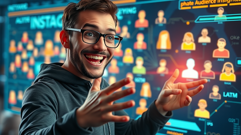 Enthusiastic marketer engaging with a dynamic audience avatar map for social media marketing.