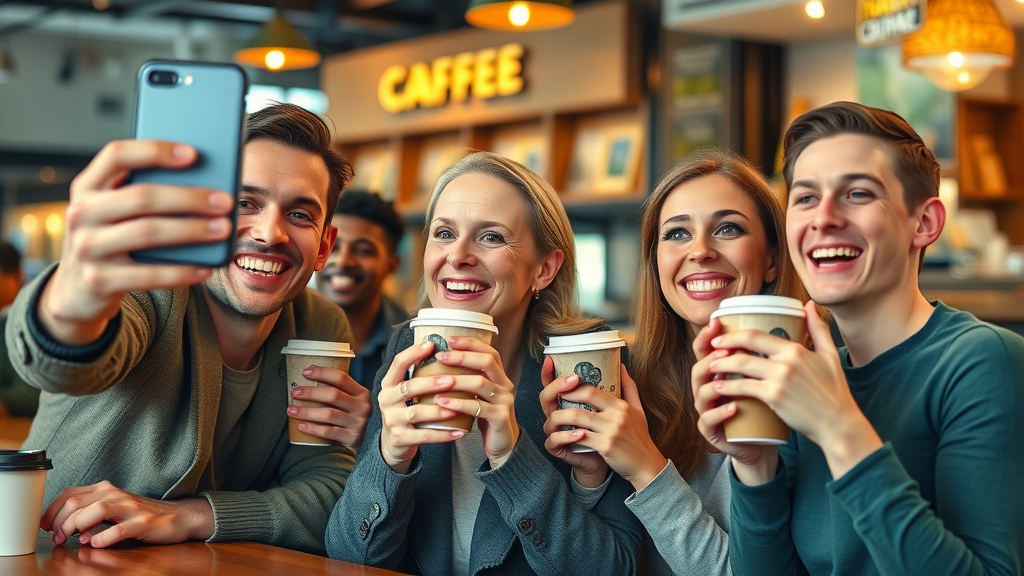 happy customers leaving reviews taking selfies in vibrant cafe for google business profile local seo