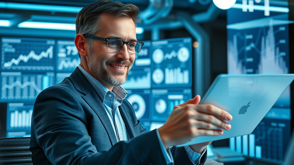 Effective local ad campaigns: Satisfied small business owner reviewing futuristic analytics dashboard, holographic charts and campaign metrics, blue-silver palette.