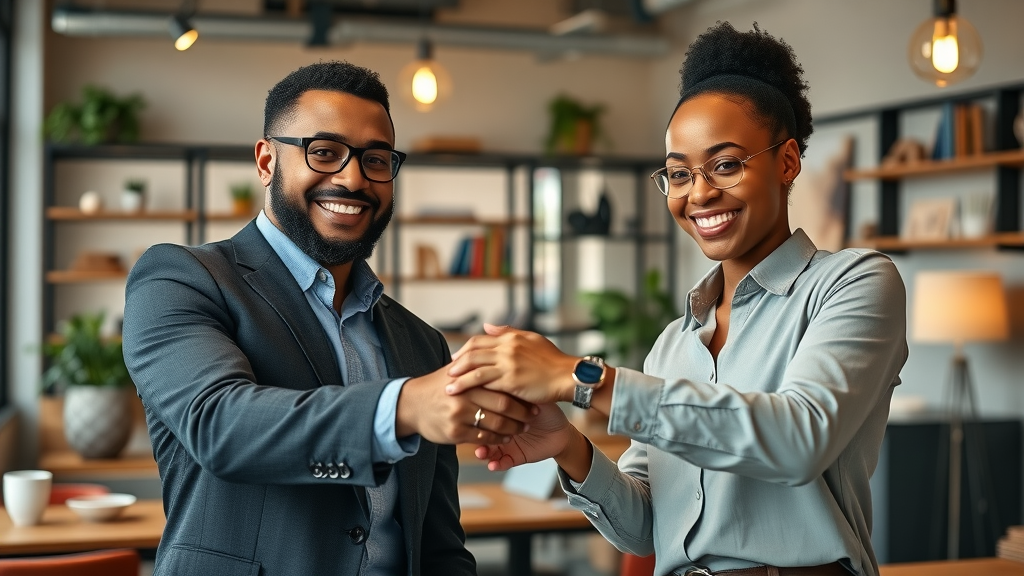 partnerships two diverse business partners optimistic expressions exchanging business cards in a cozy downtown office