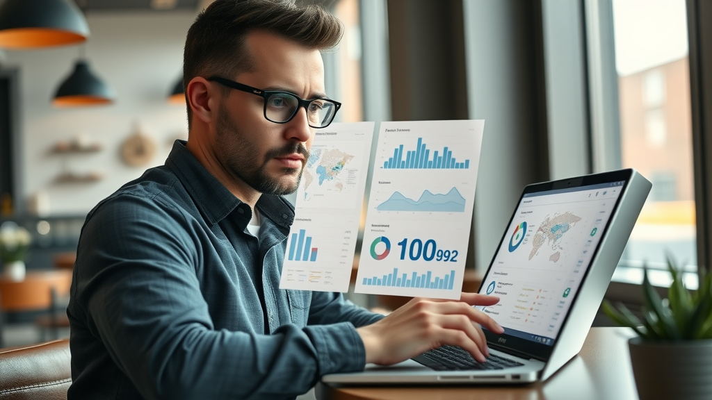 analytical digital marketer viewing local search data on laptop, ranking graphs and location maps, modern café, digital overlays of charts