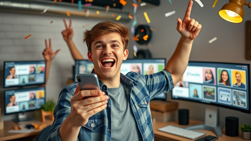 brand awareness campaign success entrepreneur celebrating viral campaign stats on smartphone