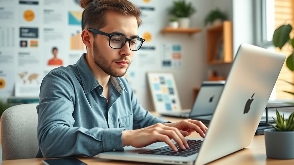 Focused small business owner setting up and optimizing a professional social media account for business. Social media account for small business.