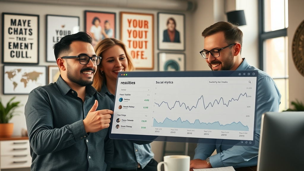 Small business team reviewing analytics for social media platforms and media marketing