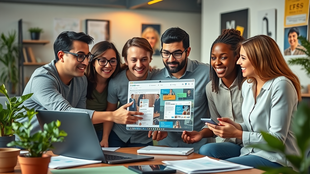 diverse team of small business owners brainstorming digital ads for local customers in a modern office