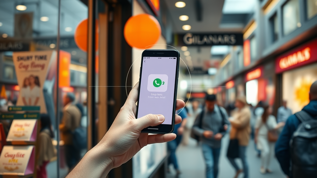 Geo-Targeted Advertising showing vivid store entrance with real-time geofencing alert triggers on a customer phone, busy shopping district background.