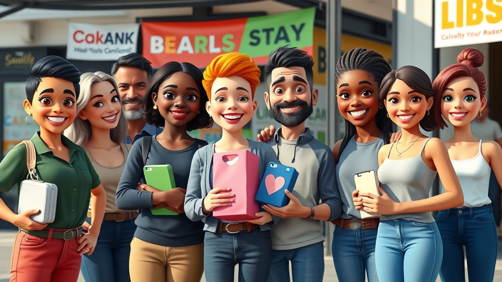 Effective local ad campaigns: Diverse local business owners standing proudly with branded merchandise, 3D cartoon style, community banners and vibrant sunlight.