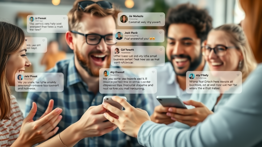 small business community engaging on social media, users commenting and sharing brand stories