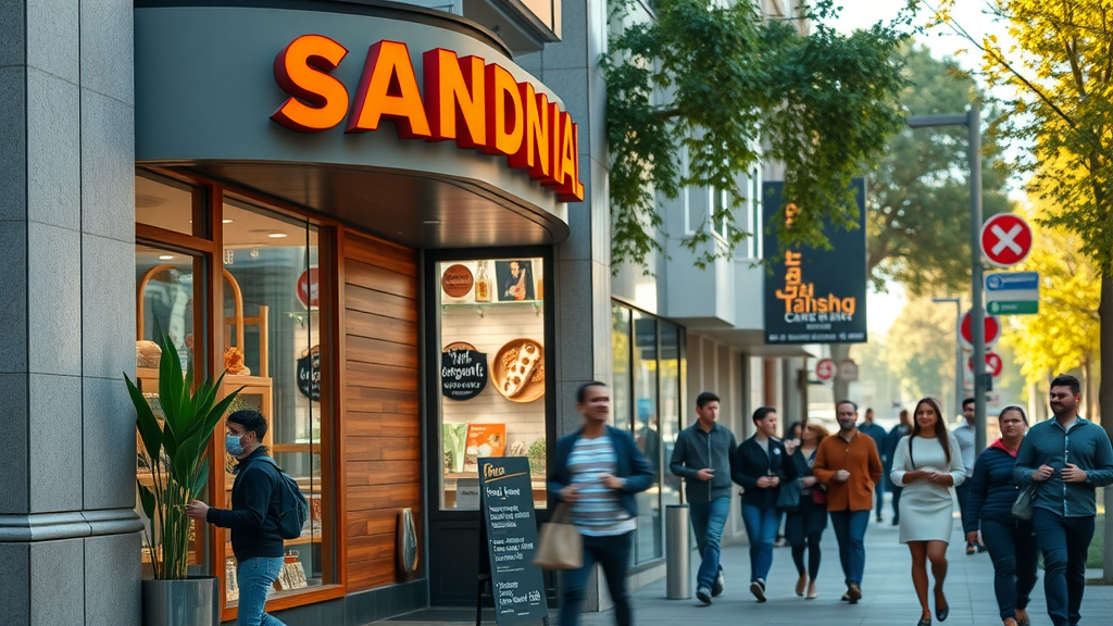 modern storefront showing vibrant google business listing with incoming customers, dynamic street, saturated colors, lively environment