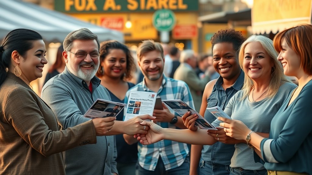 acquisition strategy for local businesses - local owners exchanging promotional flyers at community market