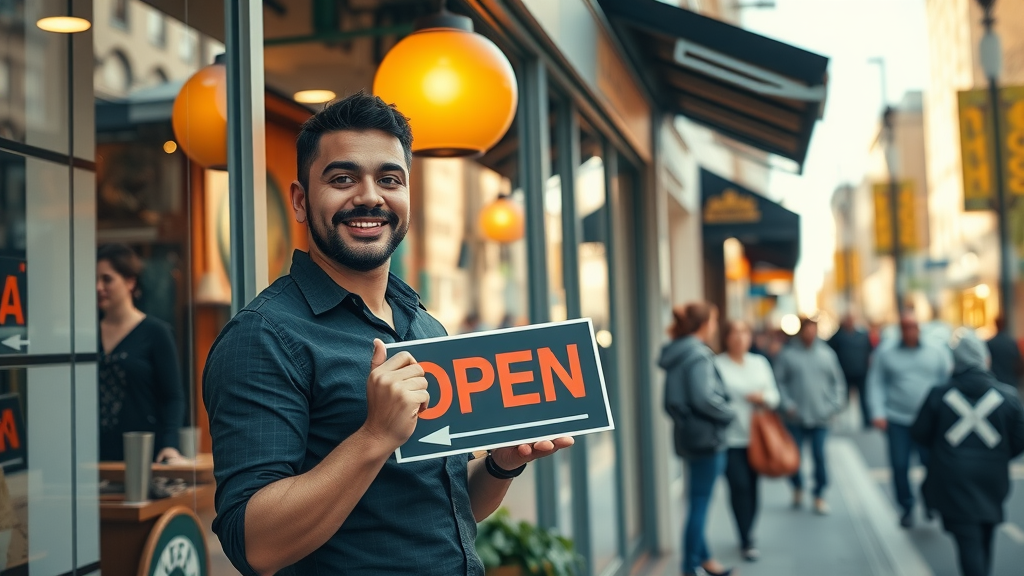 Vibrant storefront, confident business owner, open sign, pedestrians, Google Maps markers, Google business profile visibility in local search