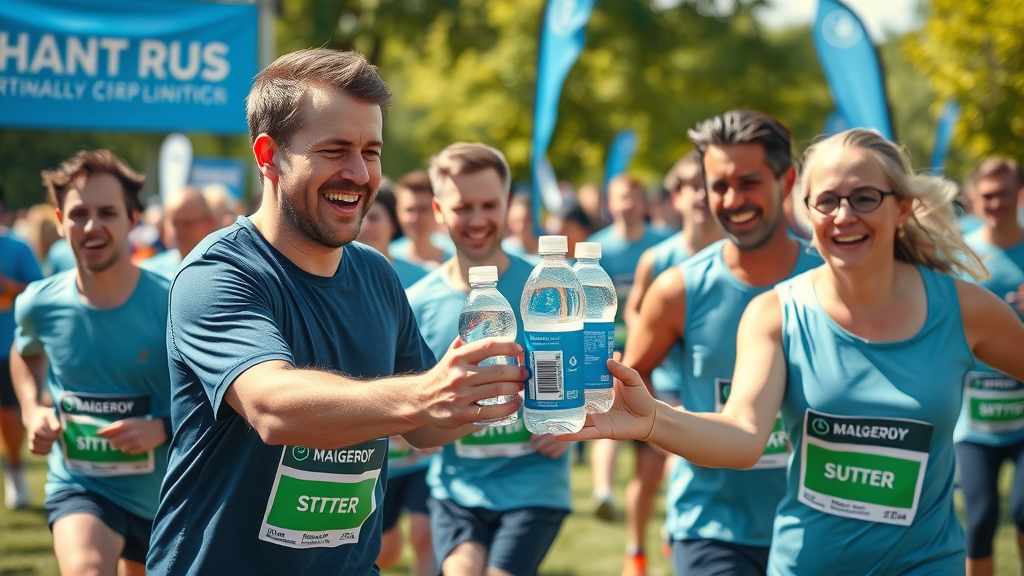 dynamic scene of business sponsoring a local charity run, handing out branded water bottles to runners, outdoor park with banners and cheering crowds