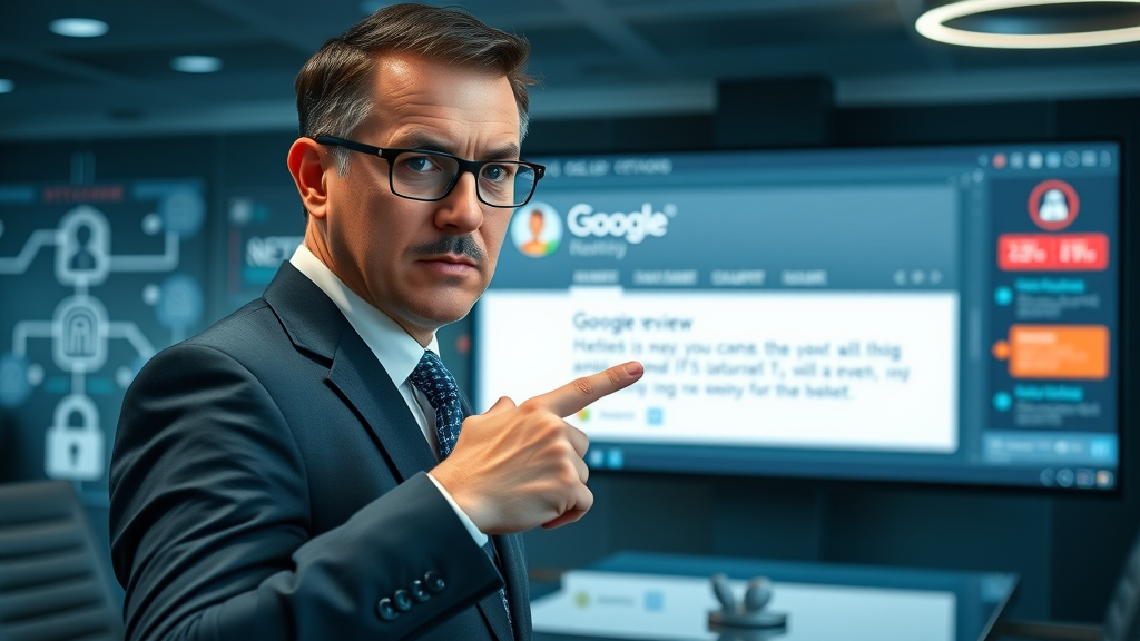 business manager reviewing flagged suspicious google reviews security meeting room