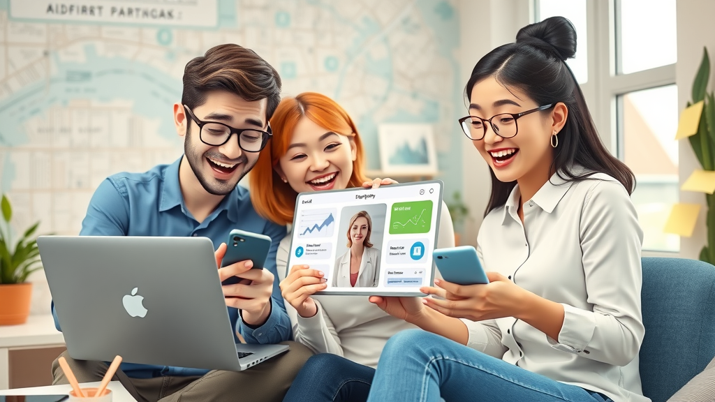 Effective local ad campaigns: Cheerful small business team engaging with digital ad platforms on devices, workspace with city map mural, cartoon style, hands gesturing, detailed.