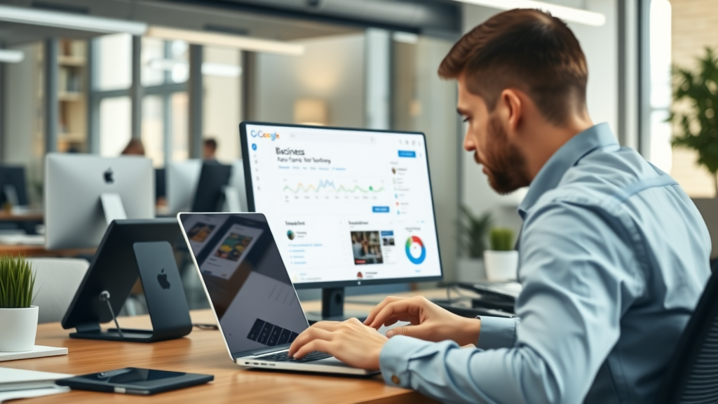Professional updating google business information on a laptop in a modern workspace