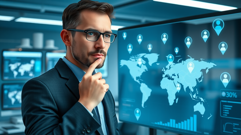 local lead generation professional marketer thoughtful expression pointing to a digital map full of location pins and customer icons