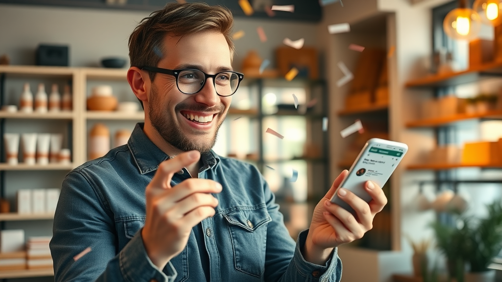 small business owner celebrating digital ad results for local businesses.