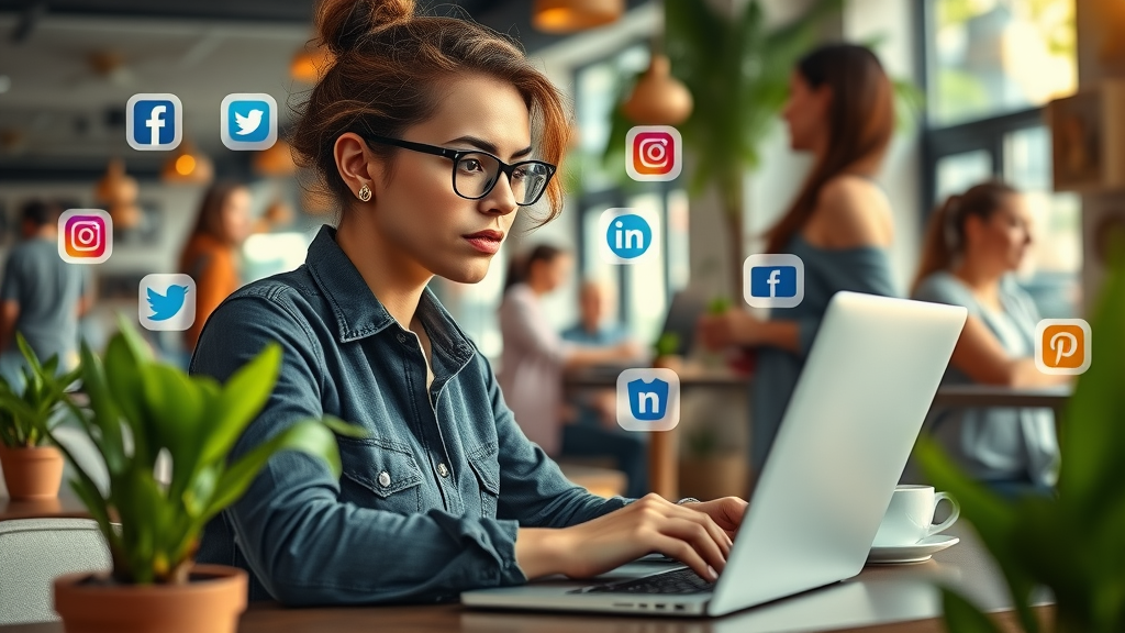 Small business owner using social media platforms for small business in a chic café workspace