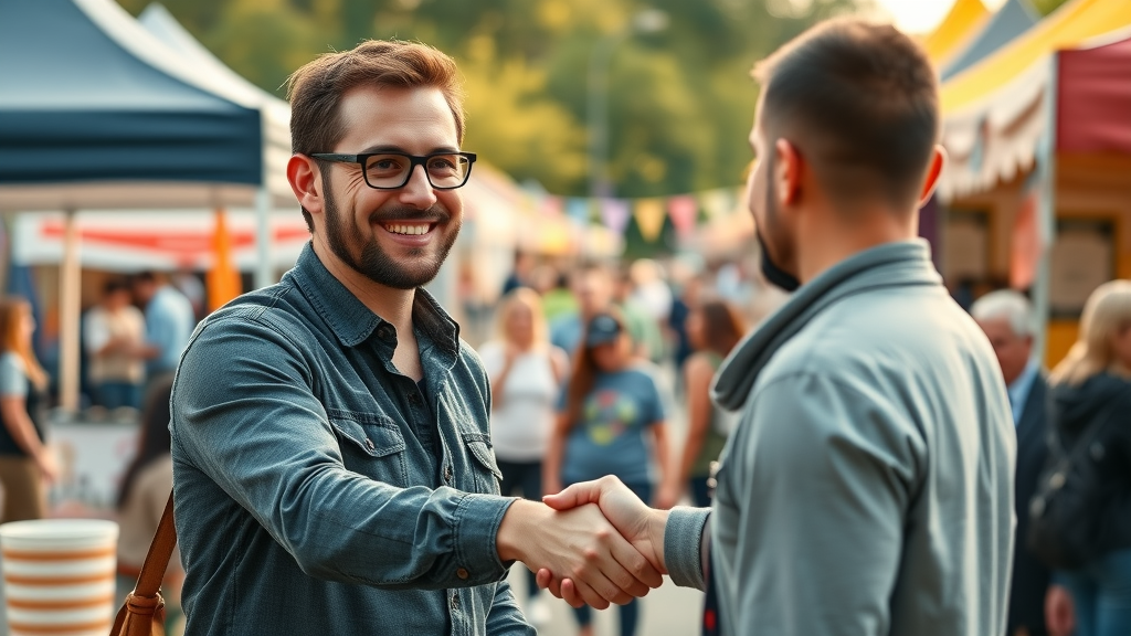 local area outgoing entrepreneur welcoming expression shaking hands with another local business owner at a vibrant community fair