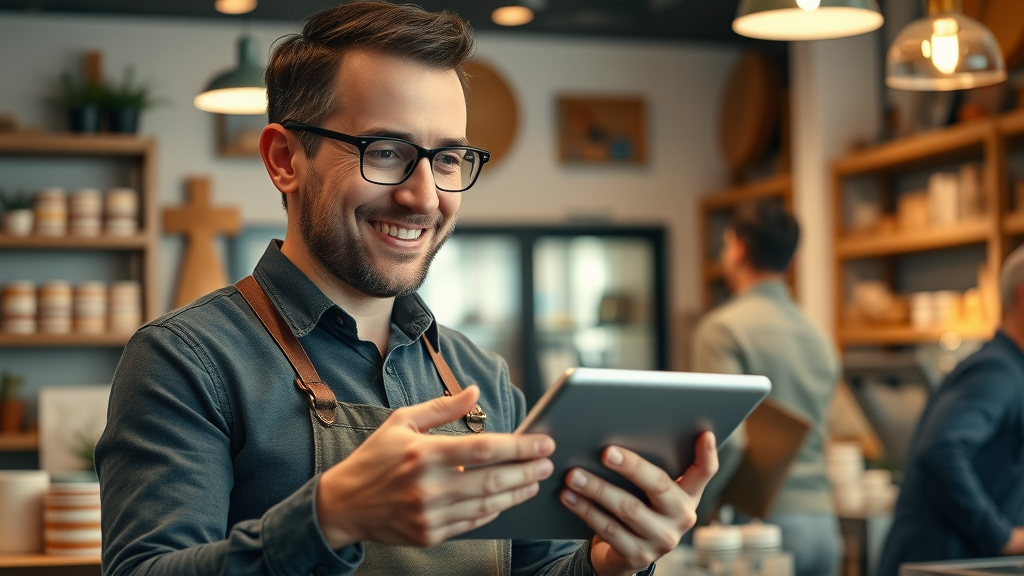 Confident small business owner reading positive online reviews in a cozy store