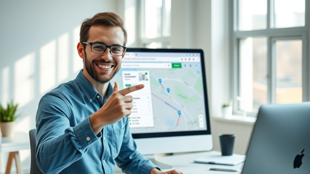 Effective local ad campaigns: Modern website with map widget, happy user pointing at directions, bright workspace, blue tones, lifelike and interactive.