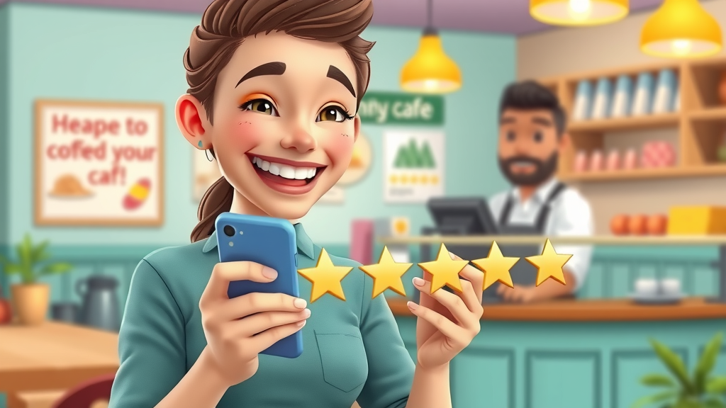 happy customer leaving five star review via smartphone in a colorful cafe