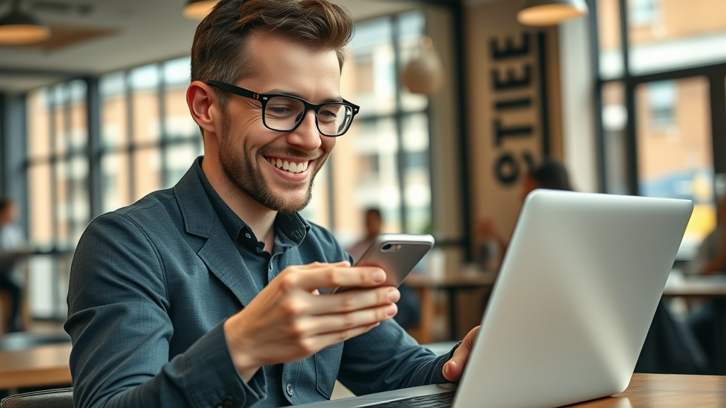 entrepreneur managing review sites and business profiles using digital devices in a cafe