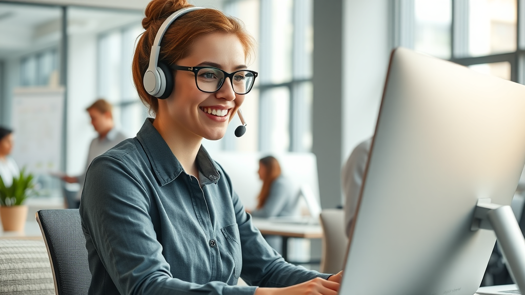 Customer support agent replying to Google reviews, modern office, engaged atmosphere