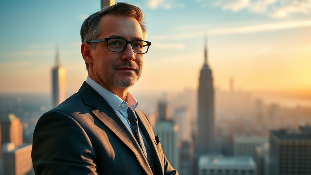 business leader implementing review generation strategies with city skyline view, sunrise in the background