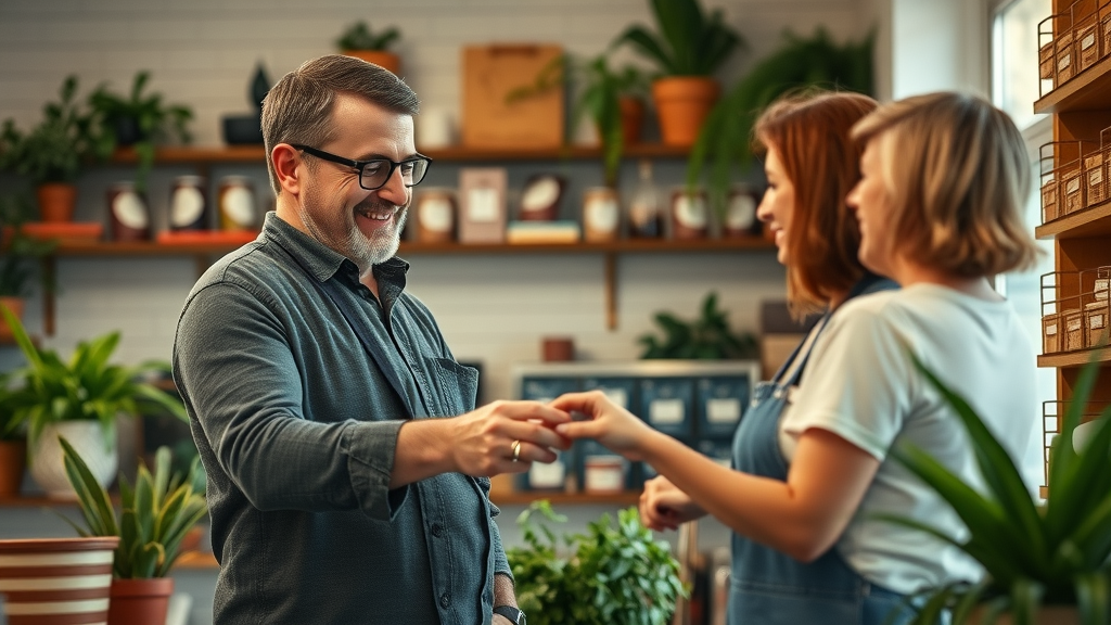 trusted business owner handing product to satisfied customer, verified Google Business Profile