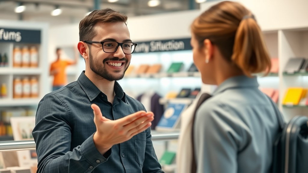 confident employee requesting a Google review from customer in retail shop
