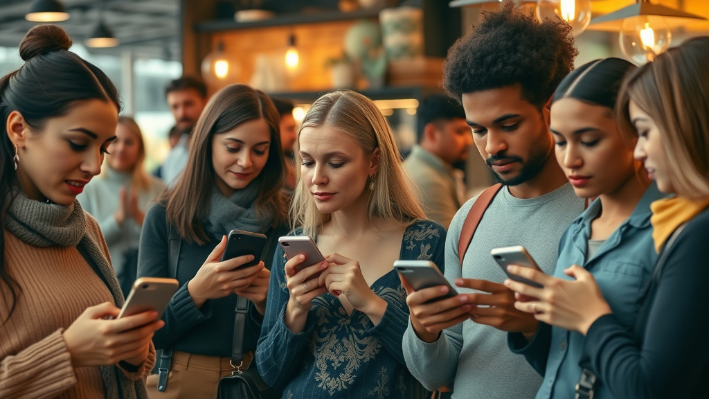 diverse group customers leaving google reviews by smartphone lively retail setting google reviews ecosystem