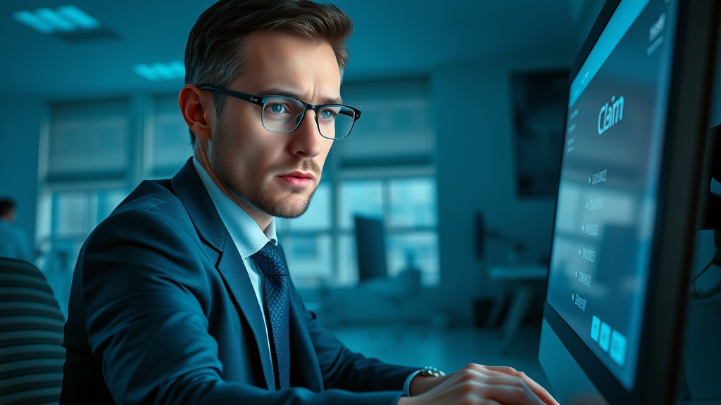 business professional following google listing ownership claim steps on a desktop computer, digital interface visible, focused determination