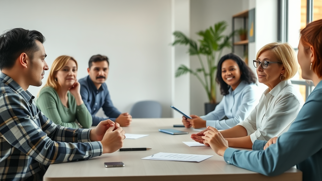 Empathetic community manager facilitating calm group discussion and conflict resolution