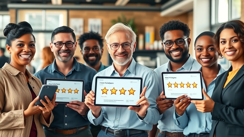 diverse business owners celebrating five star reviews, showing digital devices with positive reviews in diverse business settings