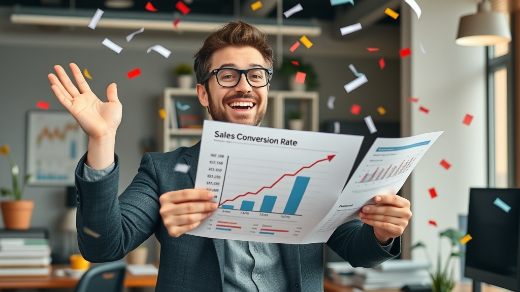small business conversion optimization - Owner celebrating improved sales performance