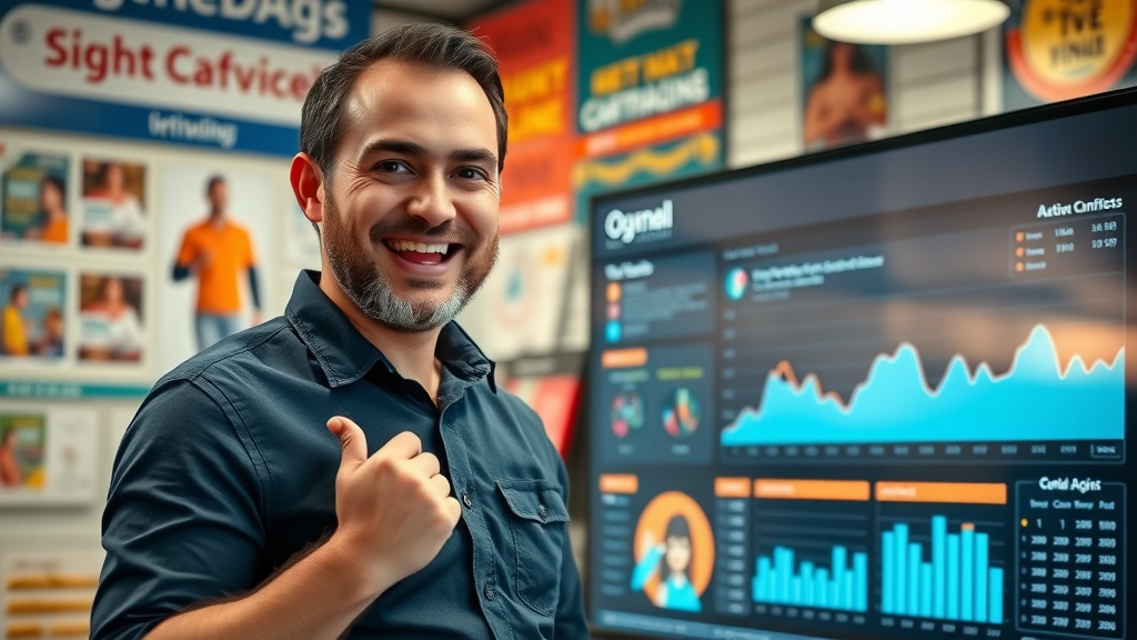 Effective local ad campaigns: Dynamic small business owner with digital marketing dashboard and in-store banners showcasing a vibrant local ad campaign, lifelike and detailed.