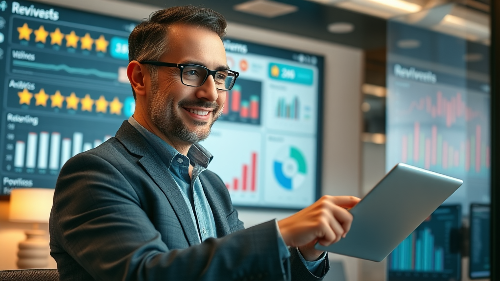 successful entrepreneur analyzing review generation techniques dashboard with star ratings and review graphs, modern office setting