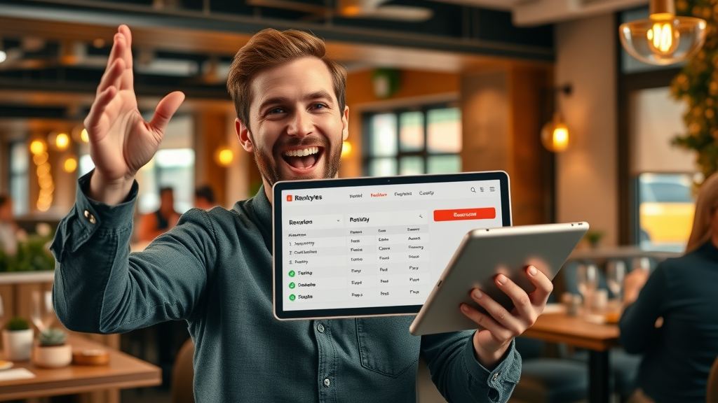 google ads victorious small business owner delighted expression celebrating successful online reservations in a stylish local restaurant