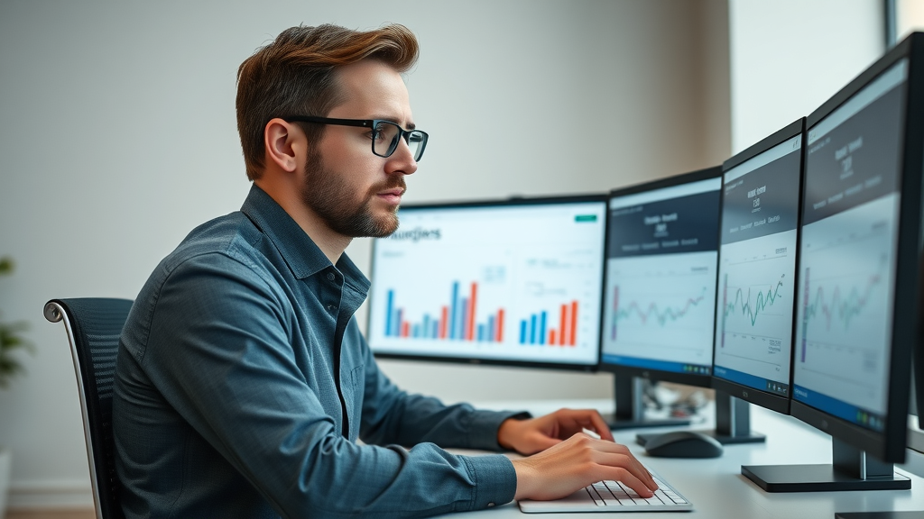 Effective local ad campaigns: Professional marketer analyzing ad dashboards and audience data for local market impact in a modern office, lifelike and detailed.