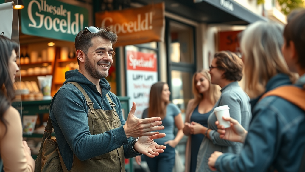 local business owner audience engagement customers storefront banners samples friendly interaction