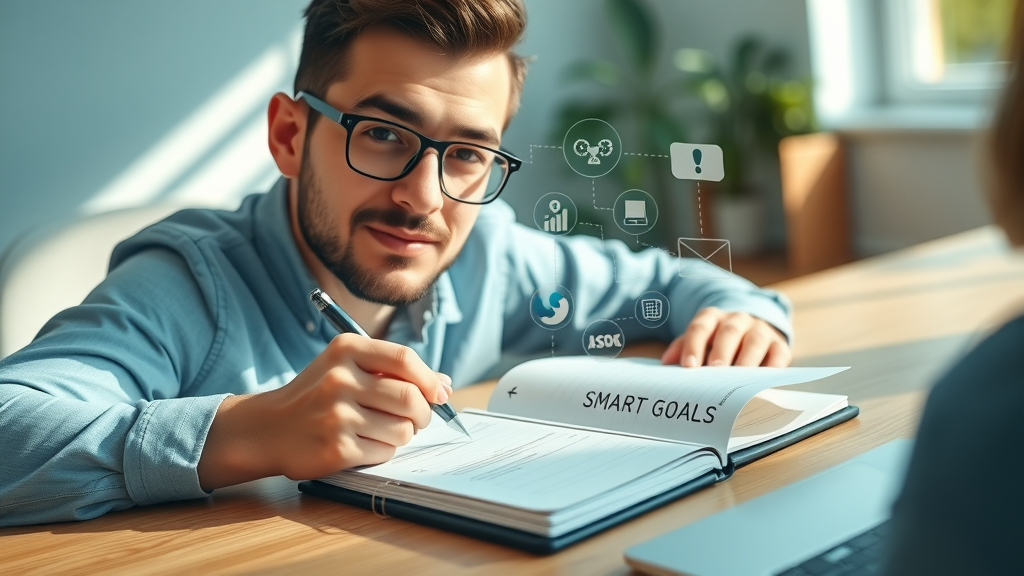 Business planner setting SMART goals for social media platforms for small business
