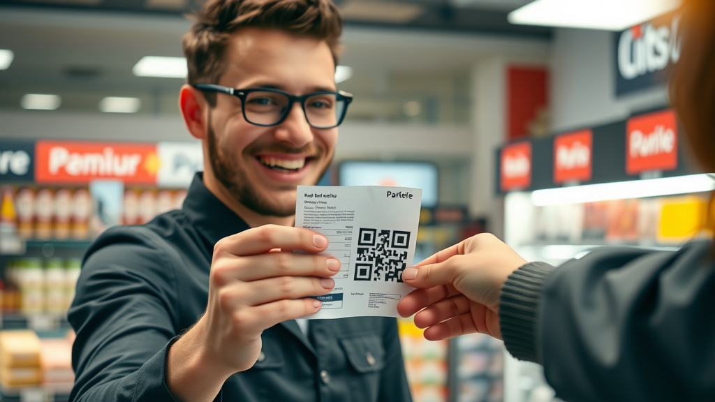 retail cashier offering qr code for google reviews, qr code, leave a review, increase google reviews