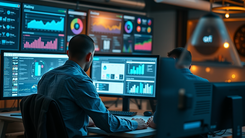 Small business team monitoring automated social media workflow with advanced tools. Marketing tool automation for small business.