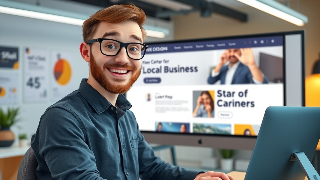 small business creative website designer pleased expression showcasing a high-converting local business landing page design