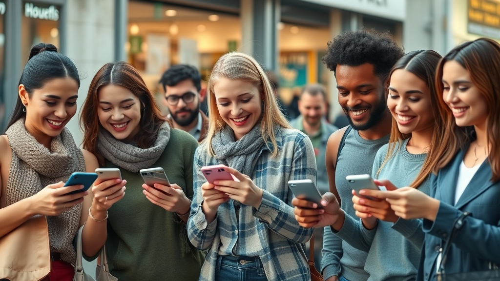 diverse group of local customers engaging with digital ads for local businesses on smartphones.