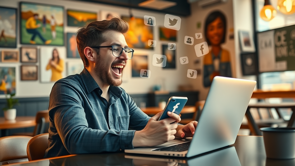 business owner engaging with social media, notifications on laptop and smartphone, social media lead generation for local businesses