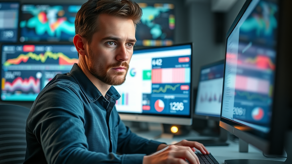 google ads dedicated digital marketer focused expression analyzing a desktop screen filled with colorful Google Ads and Facebook ad insights