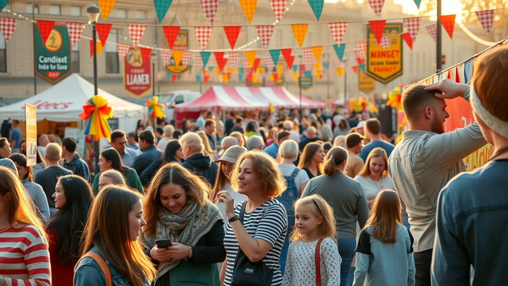 active community engaging with local businesses at outdoor event to illustrate social media marketing strategies